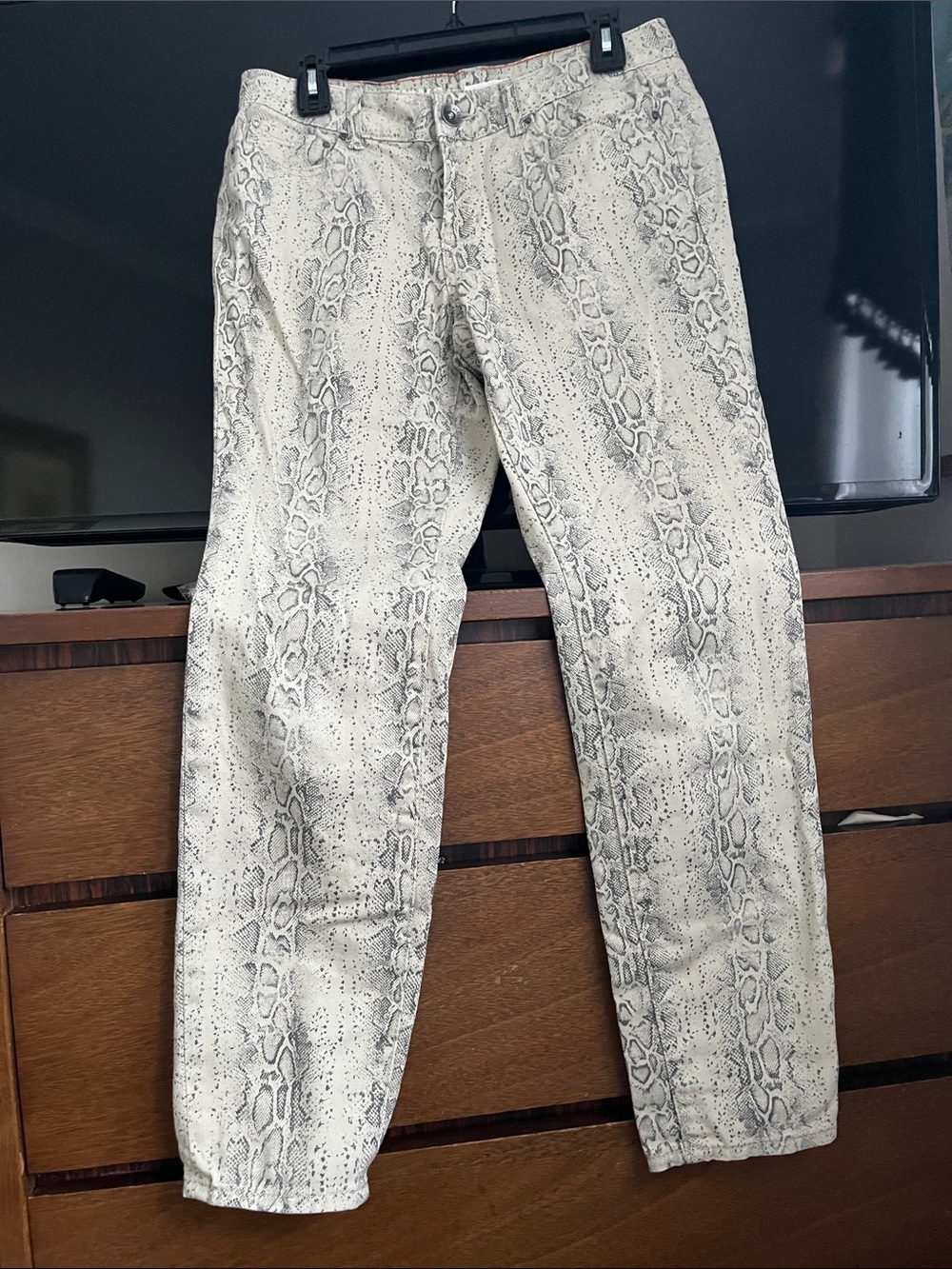 Brand new, DKNY Slim Straight Snake-Print Pants in Cream and Gray.